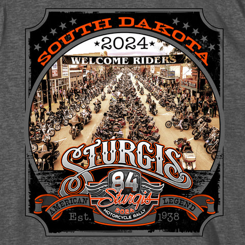 2024 Sturgis Motorcycle Rally Main Street Heather Charcoal Tee Shirt SPB1120