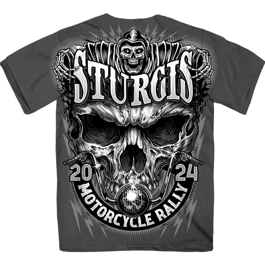 2024 Sturgis Motorcycle Rally Reaper and Shredder Skull Charcoal T-Shirt SPB1126