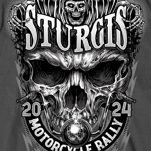 2024 Sturgis Motorcycle Rally Reaper and Shredder Skull Charcoal T-Shirt SPB1126