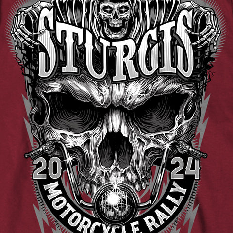 2024 Sturgis Motorcycle Rally Reaper and Shredder Skull Maroon T-Shirt SPB1127