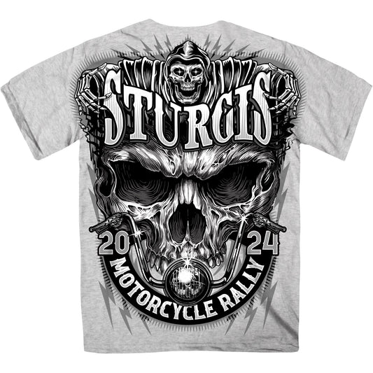 2024 Sturgis Motorcycle rally Reaper and Shredder Skull Grey T-Shirt SPB1128