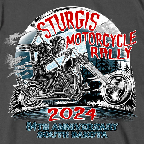 2024 Sturgis Motorcycle Rally Reaper Rider Charcoal Tee Shirt SPB1130