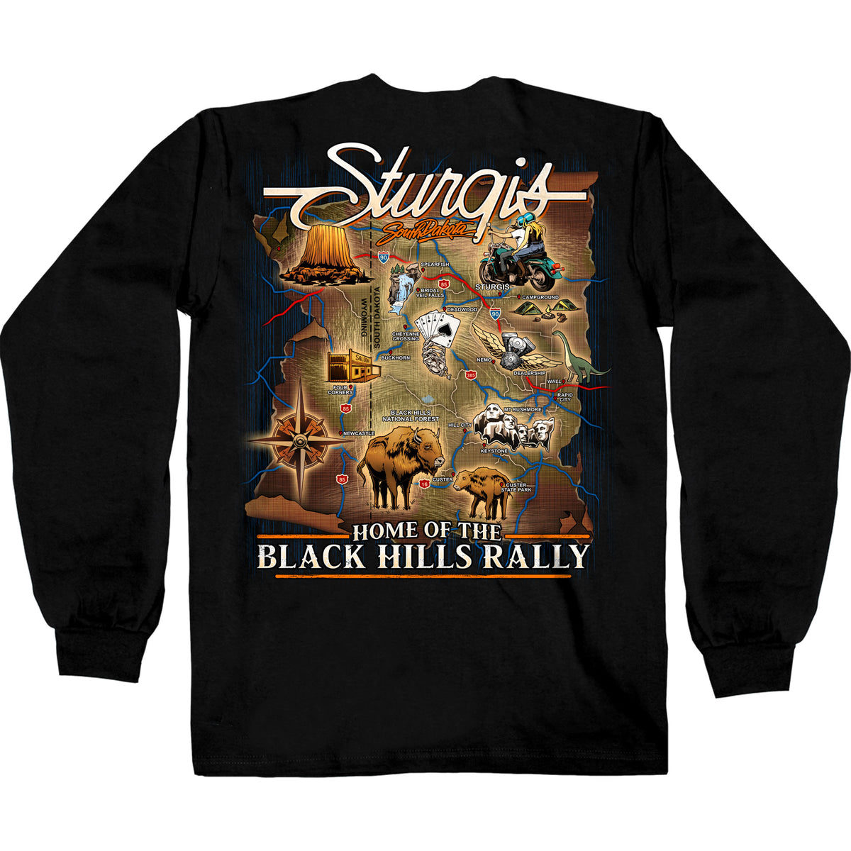 2024 Sturgis Motorcycle rally Attractions Black Long Sleeve Shirt SPB2113