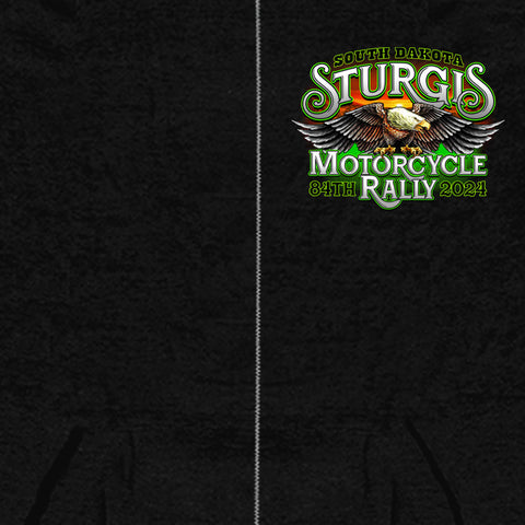 2024 Sturgis #1 Design Eagle & Skull Black Motorcycle Rally Zip Up Hoodie SPB4102