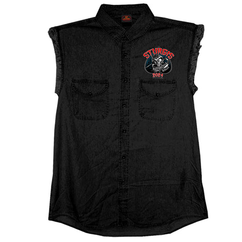 2024 Sturgis Motorcycle Rally Reaper Rider Black Sleeveless Denim Shirt SPB5099