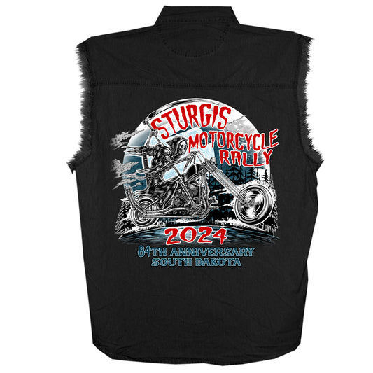 2024 Sturgis Motorcycle Rally Reaper Rider Black Sleeveless Denim Shirt SPB5099
