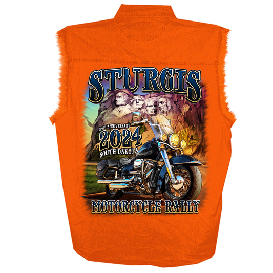 2024 Sturgis Rushmore Orange Motorcycle Rally Sleeveless Denim Button Up Shirt SPB5100
