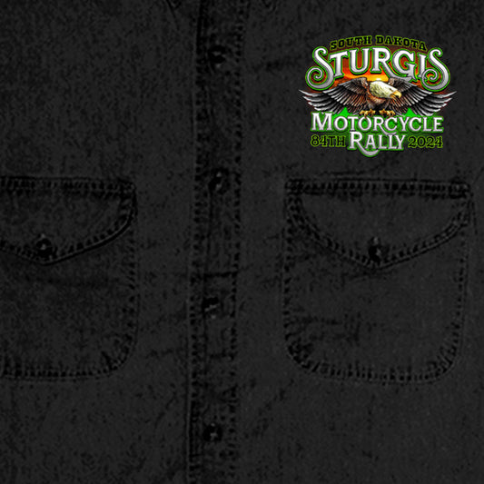 2024 Sturgis #1 Design Eagle & Skull Black Denim Motorcycle Rally Button Up Shirt SPB5101