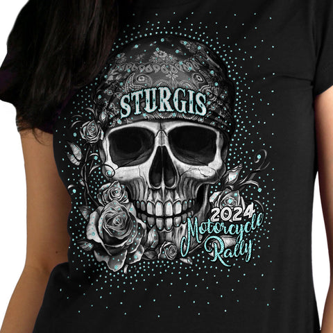 2024 Sturgis Motorcycle Rally Bandana Skull Ladies Black Tee Shirt SPL1865