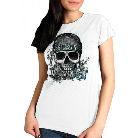 2024 Sturgis Motorcycle Rally Bandana Skull Ladies White Tee Shirt SPL1866