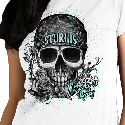 2024 Sturgis Motorcycle Rally Bandana Skull Ladies White Tee Shirt SPL1866