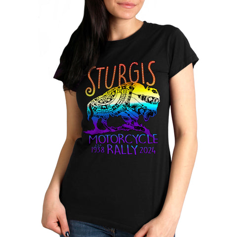 2024 Sturgis Motorcycle Rally Buffalo Ladies Black Tee Shirt SPL1867