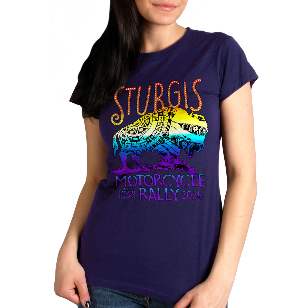 2024 Sturgis Motorcycle Rally Buffalo Ladies Navy Tee Shirt SPL1868
