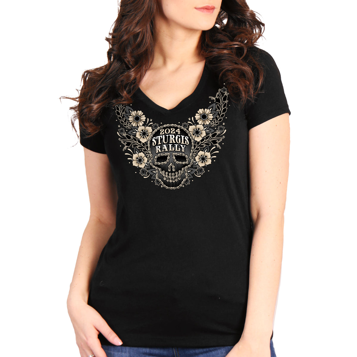 2024 Sturgis Motorcycle Rally Sugar Skull Chain Ladies Black V-Neck T-Shirt SPL1870