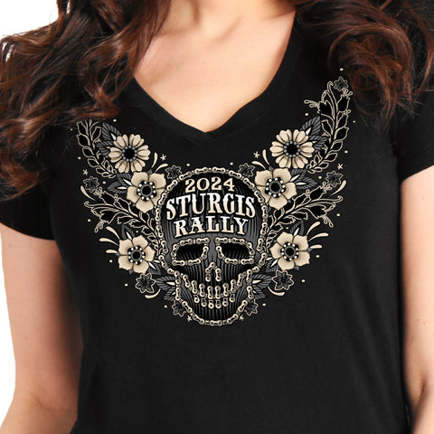 2024 Sturgis Motorcycle Rally Sugar Skull Chain Ladies Black V-Neck T-Shirt SPL1870