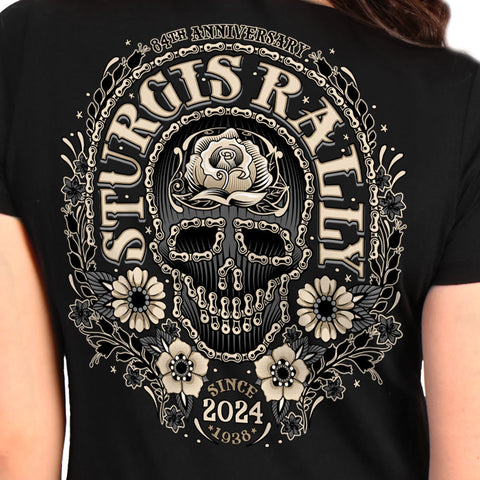 2024 Sturgis Motorcycle Rally Sugar Skull Chain Ladies Black V-Neck T-Shirt SPL1870