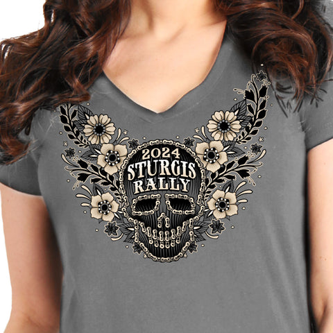 2024 Sturgis Motorcycle Rally Sugar Skull Chain Silver Ladies V-Neck T-Shirt SPL1871