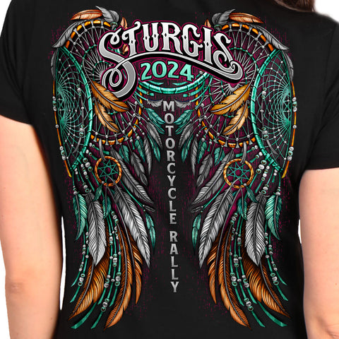 2024 Sturgis Motorcycle Rally Dream Wings Ladies Black V-Neck T-Shirt SPL1872
