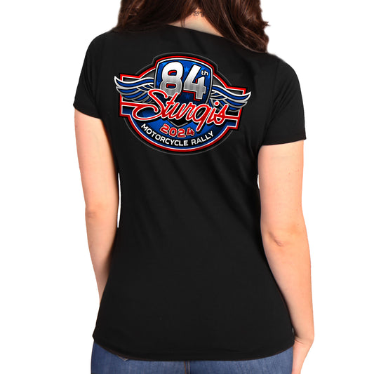 2024 Sturgis Motorcycle Rally Logo Womens Black V-neck Tee Shirt SPL1878