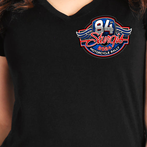 2024 Sturgis Motorcycle Rally Logo Womens Black V-neck Tee Shirt SPL1878