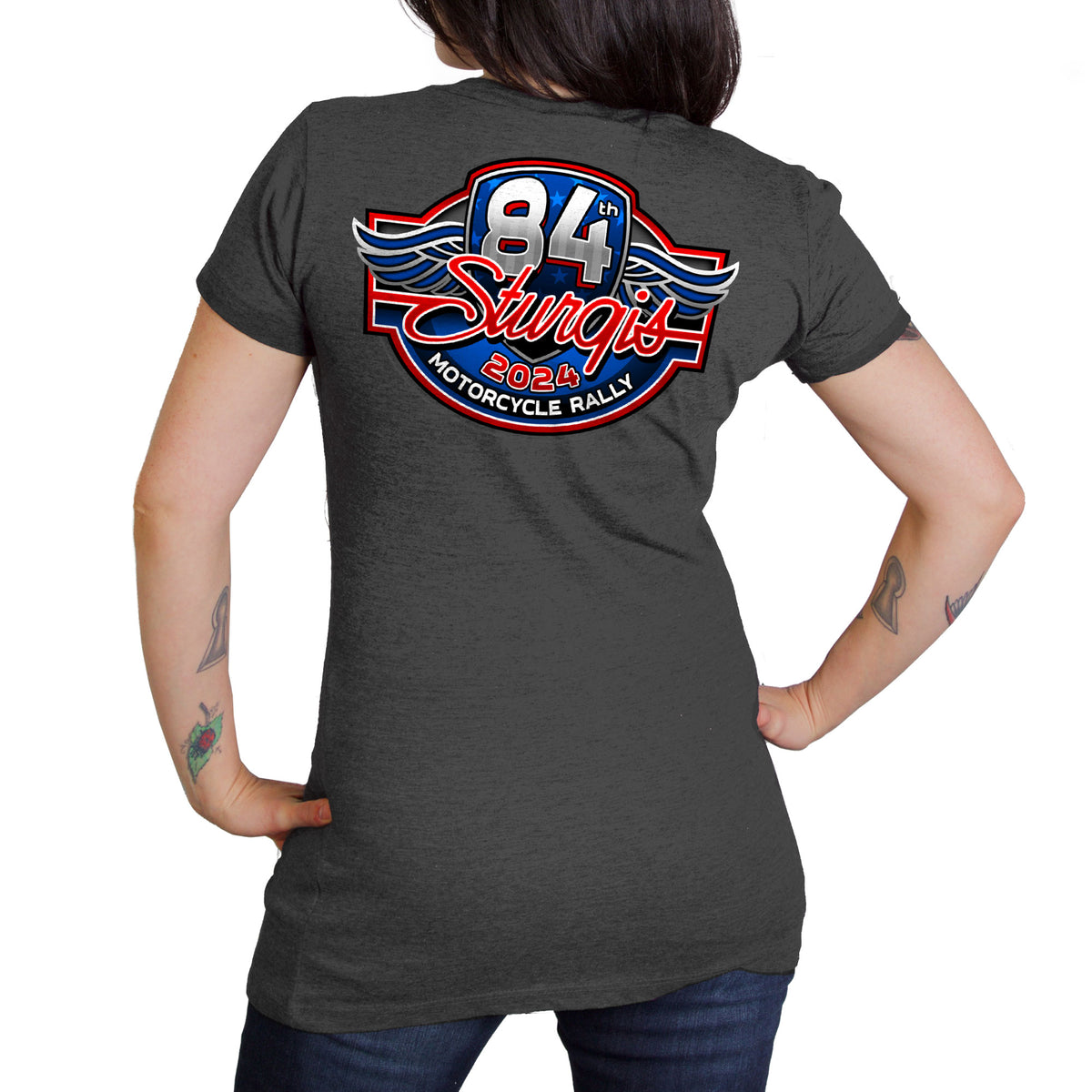 2024 Sturgis Motorcycle Rally Logo Charcoal Ladies Grey V-neck Tee Shirt SPL1879