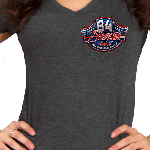 2024 Sturgis Motorcycle Rally Logo Charcoal Ladies Grey V-neck Tee Shirt SPL1879