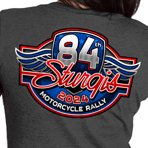 2024 Sturgis Motorcycle Rally Logo Charcoal Ladies Grey V-neck Tee Shirt SPL1879