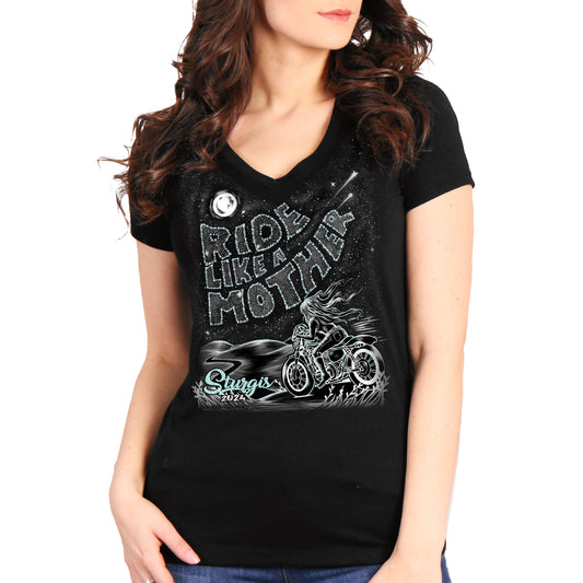 2024 Sturgis Motorcycle Rally Ride Like a Mother Ladies Black Tee Shirt SPL1880