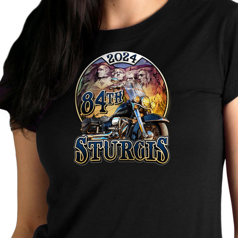 2024 Sturgis Motorcycle Rally Rushmore Ladies Black Tee Shirt SPL1882