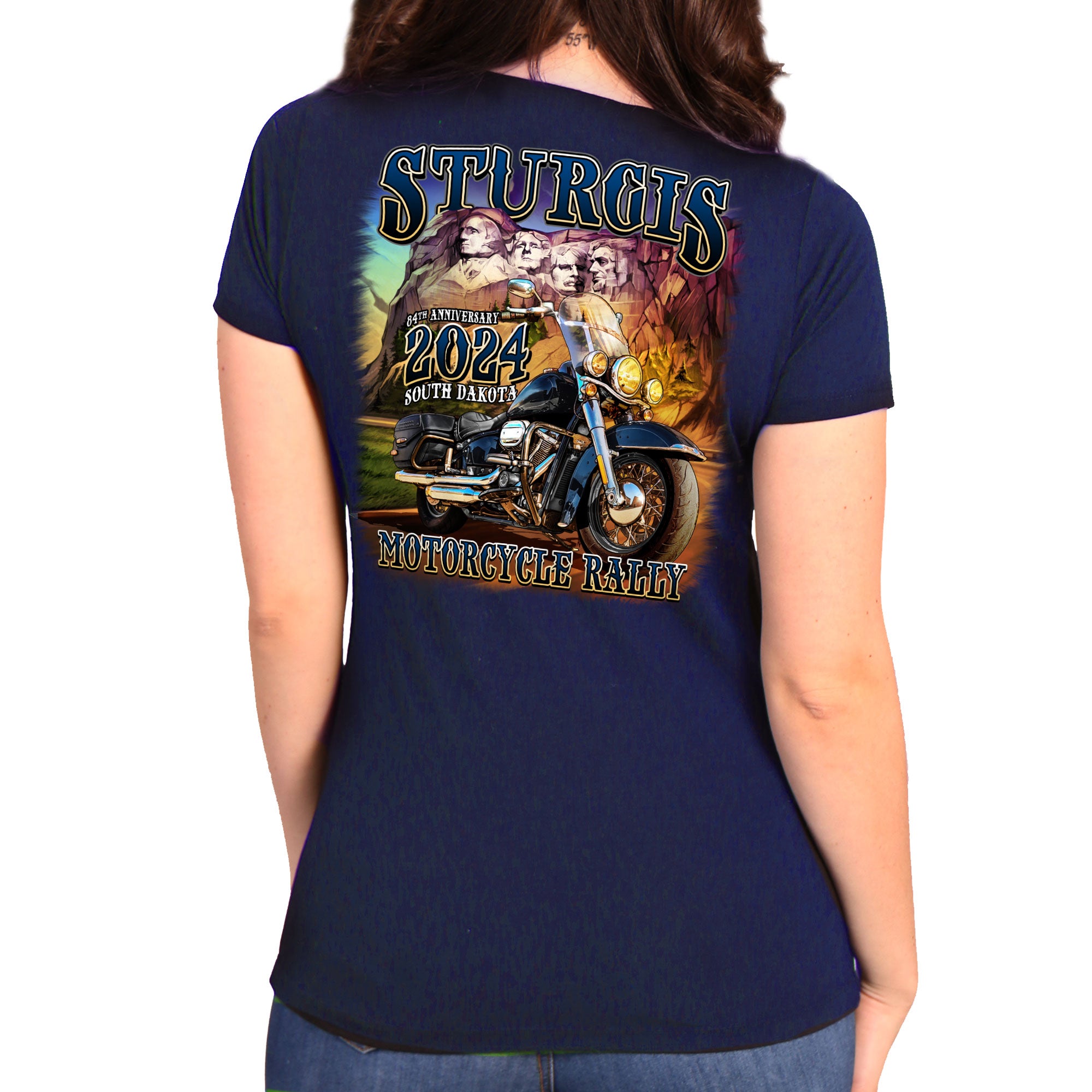 2024 Sturgis Motorcycle Rally Rushmore Navy Ladies Tee Shirt SPL1883