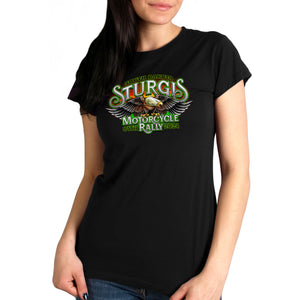 2024 Sturgis Motorcycle Rally #1 Design Eagle & Skull Black Ladies Tee Shirt SPL1886