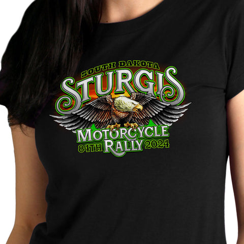 2024 Sturgis Motorcycle Rally #1 Design Eagle & Skull Black Ladies Tee Shirt SPL1886