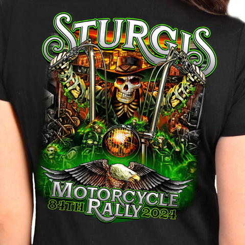 2024 Sturgis Motorcycle Rally #1 Design Eagle & Skull Black Ladies Tee Shirt SPL1886