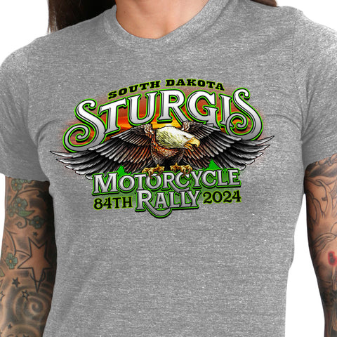 2024 Sturgis Motorcycle Rally  #1 Design Eagle & Skull Heather Gray Ladies Tee Shirt SPL1887