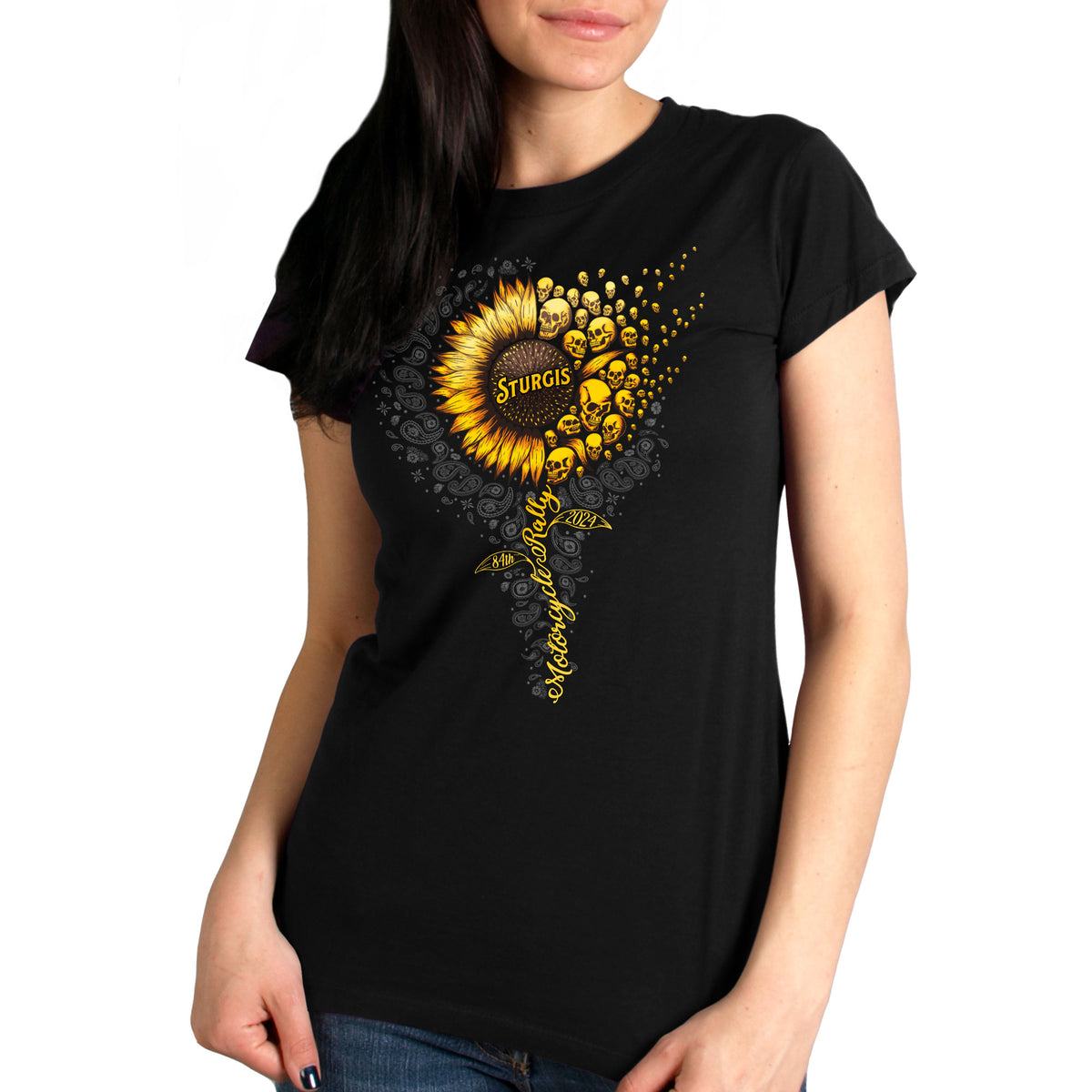 2024 Sturgis Motorcycle Rally Sunflower Skulls Ladies Black Tee Shirt SPL1888