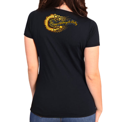 2024 Sturgis Motorcycle Rally Sunflower Skulls Ladies Black Tee Shirt SPL1888