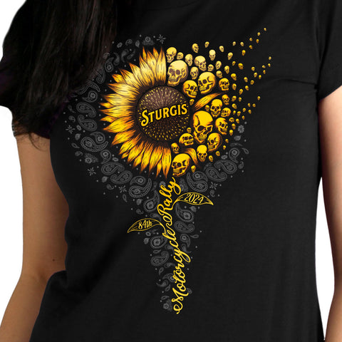 2024 Sturgis Motorcycle Rally Sunflower Skulls Ladies Black Tee Shirt SPL1888
