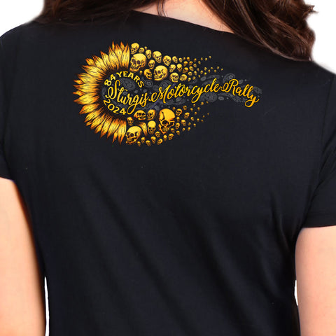 2024 Sturgis Motorcycle Rally Sunflower Skulls Ladies Black Tee Shirt SPL1888