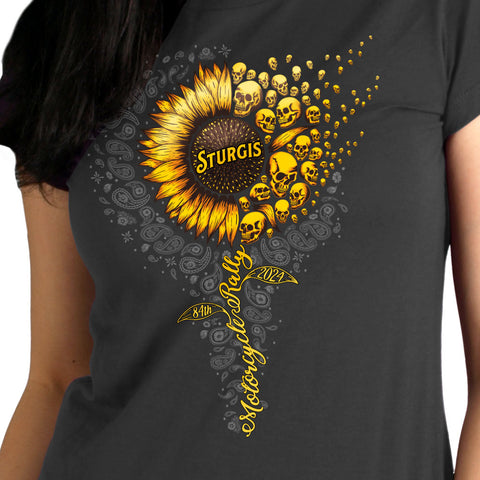 2024 Sturgis Motorcycle Rally Sunflower Skulls Ladies Charcoal Tee Shirt SPL1889