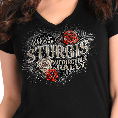 2025 Sturgis Motorcycle Rally Leather Wings Black Ladies Tee