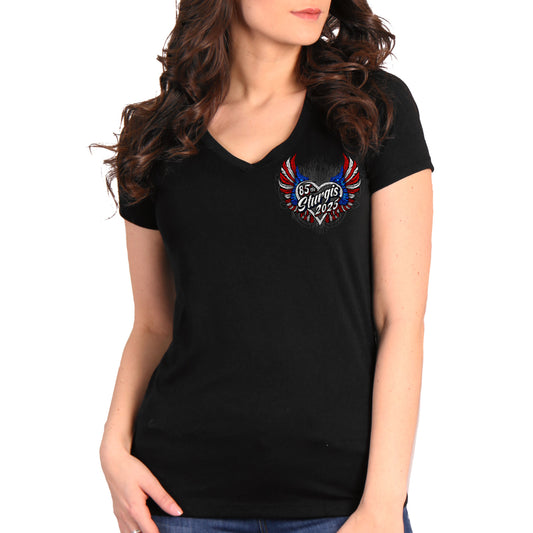 2025 Sturgis Motorcycle Rally Flag Heart Angel Black Ladies Tee