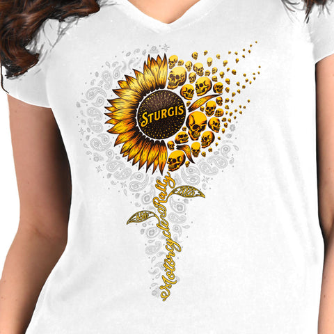 2025 Sturgis Motorcycle Rally Sunflower Skulls White Ladies Tee
