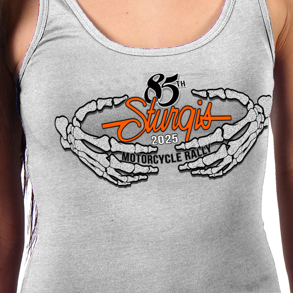 2025 Sturgis Motorcycle Rally Skeleton Hands Black Ladies Tank Top