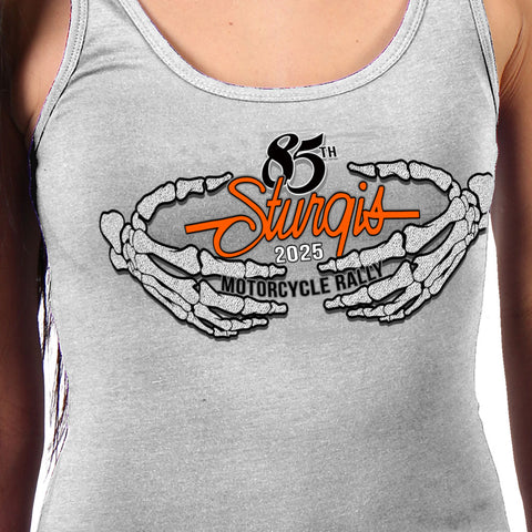 2025 Sturgis Motorcycle Rally Skeleton Hands Black Ladies Tank Top