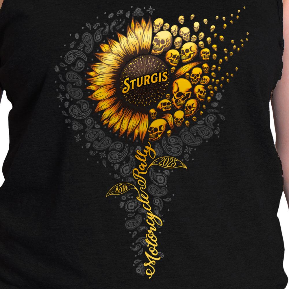 2025 Sturgis Motorcycle Rally Studded Flag Rose  Black Ladies Tank Top