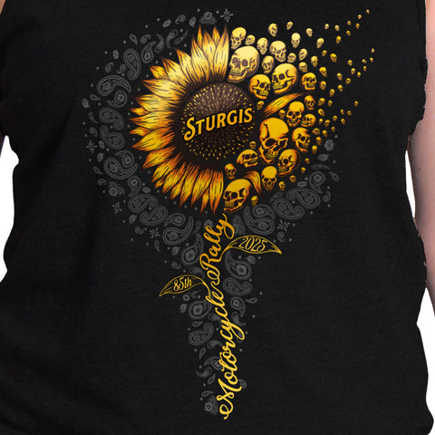 2025 Sturgis Motorcycle Rally Studded Flag Rose  Black Ladies Tank Top