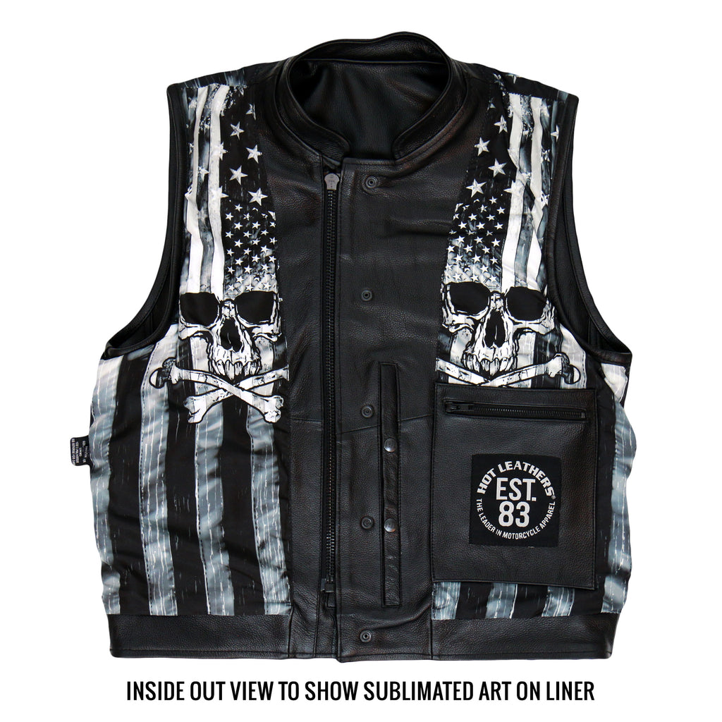 Hot Leathers VSM1054 Mens Black 'Skull Flag' Motorcycle Club style Conceal and Carry Leather Biker Vest