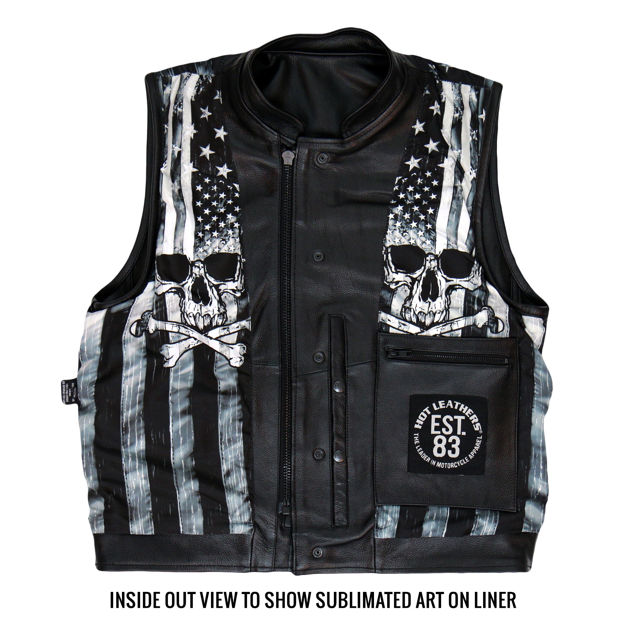 Hot Leathers VSM1054 Mens Black 'Skull Flag' Motorcycle Club style Conceal and Carry Leather Biker Vest