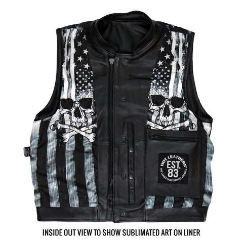 Hot Leathers VSM1054 Men’s Black 'Skull Flag' Motorcycle Club style Conceal and Carry Leather Biker Vest