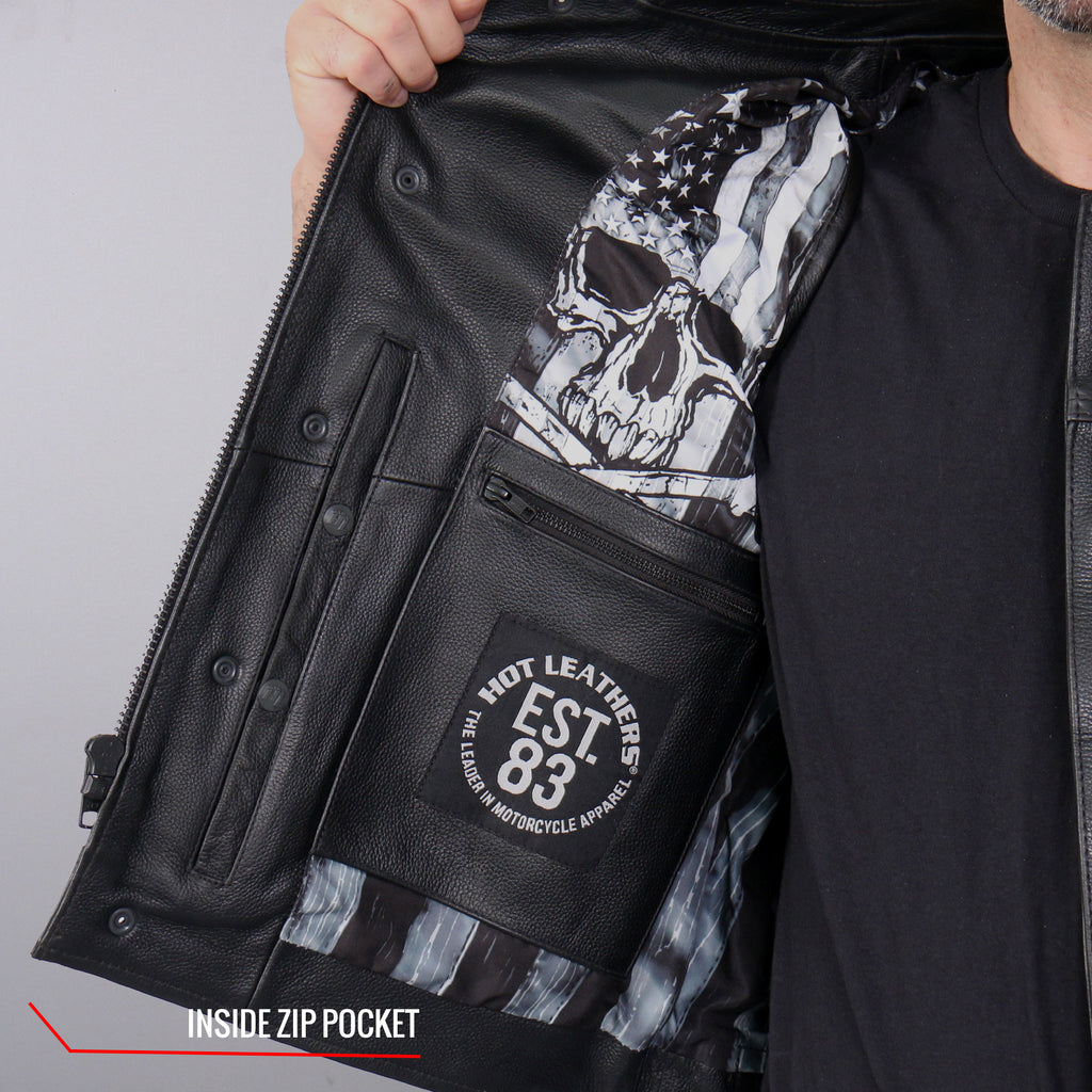 Hot Leathers VSM1054 Mens Black 'Skull Flag' Motorcycle Club style Conceal and Carry Leather Biker Vest